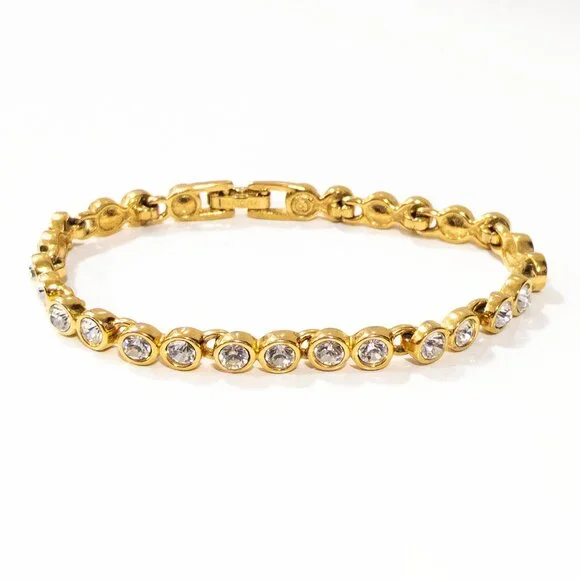 SWAROVSKI Signed Swan Vintage Tennis Bracelet Gold Tone Round Crystal 20cm Long - Picture 1 of 5